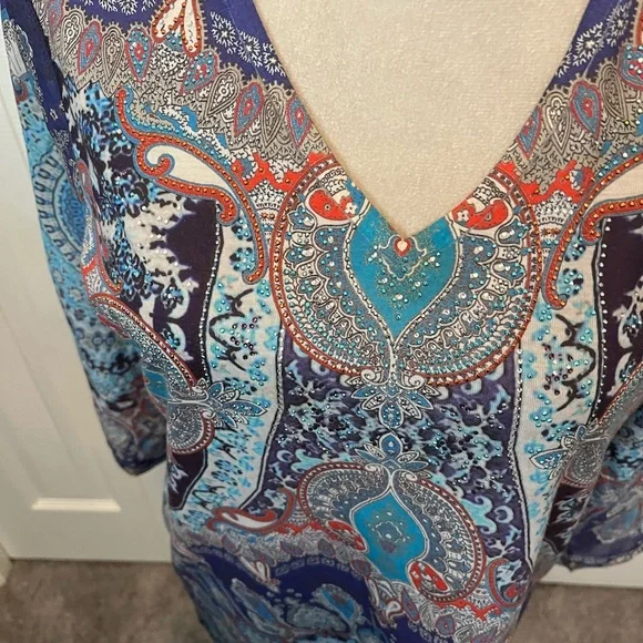 Chicos Size M V-Neck Paisley Print Tunic Top - Blue - Picture 5 of 15